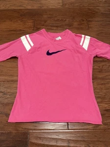 Pink Nike long sleeve shirt with white stripes and navy logo. Girls size L - Picture 1 of 6