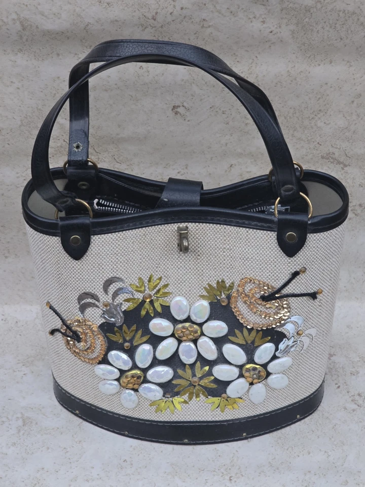 Enid Collins винтажный блестящий блестки цветок вышивка на холсте сумка - деревянное основание - Изображение 1 из 4