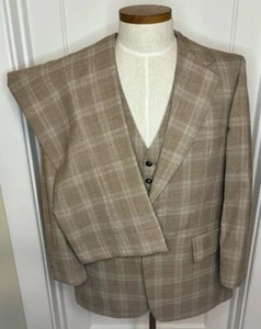 Vintage Botany 500 Three Piece Suit Tan Plaid Windowpane 44 Jacket 36 Pants READ - Picture 1 of 21