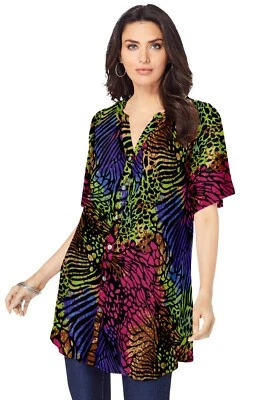 Roaman’s Tunic Top Sz 24 W Button Front Crinkled Rayon Crepe Mixed Animal Print - Image 1 of 4