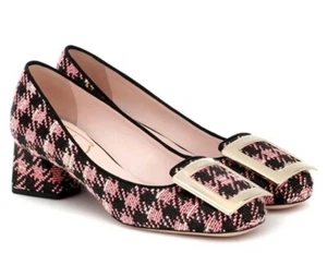 Roger Vivier Tres Vivier Houndstooth Buckle Pumps Pink Tweed Block Heel Shoes 39 - Picture 1 of 8