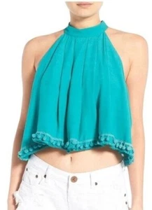 NWT Lovers + Friends Botanic Crop Halter Top Turquoise Green Pompom Trim Size M - Picture 1 of 10