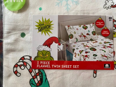 NEW The Grinch Dr Seuss Flannel Twin Size Sheet Set Christmas Holiday Ornaments - Image 1 of 3