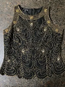 Canotta donna J Kara New York nera e oro con perline pesanti abbigliamento formale da sera taglia M - Foto 1 di 6
