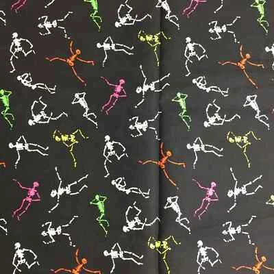 1码黑色万圣节织物霓虹橙色、粉红色、白色和黄色骨架 — 第 1/2 张图片