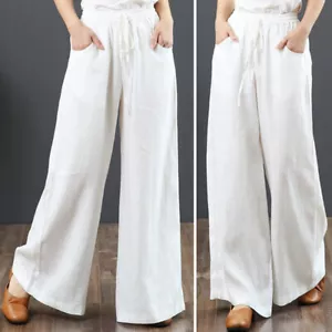 Freizeit lange Damenhose aus Baumwolle Leinen Baggy elastisch hochtailliert breitbeinig - Bild 1 von 18