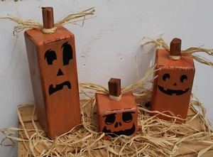 Pumpkins set of three block heads with funny faces - Picture 1 of 3