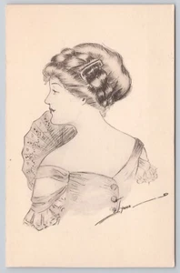 Pretty Victorian Lady Postcard Big Hats Embossed Sketch Antique Unposted - Picture 1 of 2