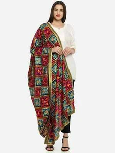 Borla de seda Bandhani Bandhej Rajasthani trabajo bordado pesado Phulukari Dupatta - Imagen 1 de 2