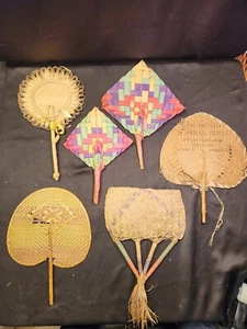 LOT OF 6 Vintage Woven Hand Fans The Mundy Funeral Home 4 Digit Phone # Handmade - Picture 1 of 23
