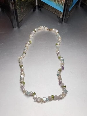GENUINE Freshwater Pearl Amethyst Aquamarine Peridot Citrine 14K Gold Necklace - Image 1 of 4