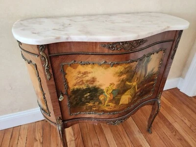 "Mesa antigua de mármol Vernis Martin francesa del siglo XIX, 35"" x H 32"" x D 18""" Foto 1 de 4