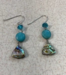 Turquoise and Abalone Dangle Earrings ~ Sterling Silver hook for pierced ears - Picture 1 of 5