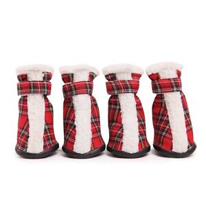 Dog Boots Shoes Paw Covers Set of Four Tartan Design Sherpa Trim Closure