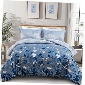 Bettdecken-Set Navy Botanische Blätter Bettdecke 3-teilig King Blau - Bild 1 von 8