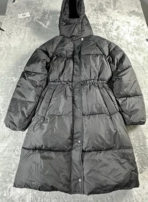 Old Navy Womens Long Puffer Coat SIZE MEDIUM Black Hooded Zip & Snap New - Image 1 of 4