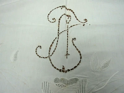 ANTIQUE WHITE LINEN FLAT PILLOW COVER w CUTWORK, MONOGRAM SCALLOP EDGE 43"x86" - Image 1 of 4