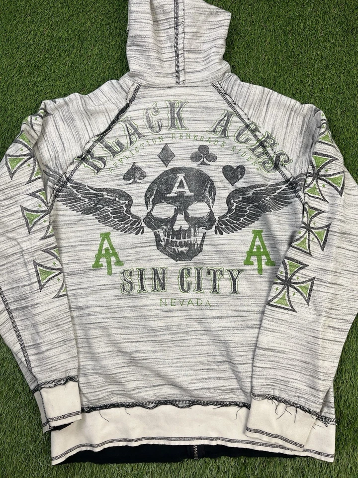 Affliction Reversible Hoodie Sz Large Skull Zip Up Sweater Y2K Vtg - Image 1 of 4