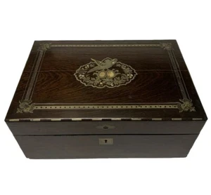 SALE! Antique Rosewood Writing Box Travel Lap Desk Wood Brass Mother Pearl Inlay - Picture 1 of 19