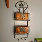Vintage Metal Wall Rack Organizer, Baskets, Hooks, Lodge Country Theme