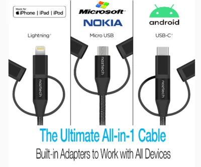 NAZTECH Braided 3in1 Hybrid USB Cable for Micro USB, Lighting, USB-C Devices - Image 1 of 4