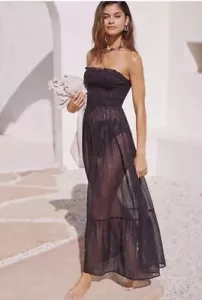 Anthropologie The Marisol gesmoktes Gaze Maxikleid Lurex Edition XL schwarz transparent - Bild 1 von 24