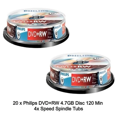 20 Philips DVD+RW 4.7GB Disc 120Min 4x Speed Spindle Tub Rewritable Blank Discs - Image 1 of 4