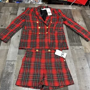 Size M Zara Plaid Tweed Blazer Womens Double Breasted Red Jacket & Shorts Size S - Picture 1 of 19
