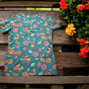 Bambi Scrub Deer Fawn Flowers Leaves Green Top Size Small Vneck Short Sleeve - Picture 1 of 8
