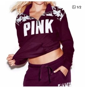 Victoria's Secret PINK weinrot halber Reißverschluss Sweatshirt mit Stehkragen Palmenmuster Größe Large - Bild 1 von 8