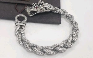 John Hardy Sterling Silver Naga Dragon Black Sapphire Ruby Eyes Braided Bracelet - Picture 1 of 21