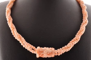 14k gold Clasp angel skin coral carved Necklace (17.3in 131.5ct), Certificate. - Picture 1 of 24