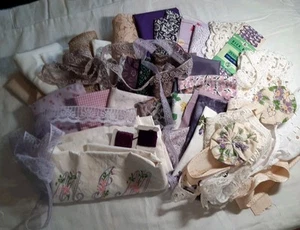 Slow Stitch Kit Vintage Linen Pack Purple Lavender Embroidery Lace Floss Craft - Picture 1 of 11