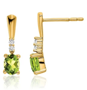 14K Solid Yellow Gold Oval Peridot Diamond Dangle Earrings - Picture 1 of 9