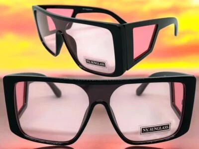 Gafas de sol modernas de gran tamaño con escudo envolvente elegantes marco negro lente rosa UV400 Foto 1 de 4