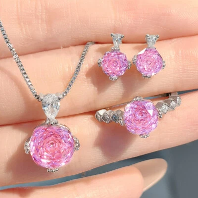 3pc Set Charm Pink Topaz Rose Cut Gems Silver Women Necklace Stud Earring Ring - Image 1 of 4
