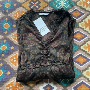 NWT Zara Boho Sheer Long Sleeve Multi Print Dress Ruffle Details Women’s Size L - Picture 1 of 8