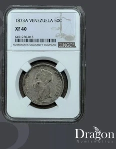 1873A Venezuela 50 Centavos Silver COIN SIMON BOLIVAR 0.835 XF 40 NGC ๐ป๐ช๐ - Picture 1 of 4
