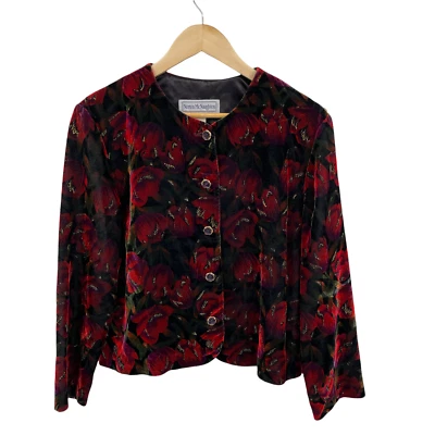 Norton McNaughton Blazer Cardigan Womens 12 Red Floral Velvet Flower Button VTG - Image 1 of 4