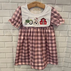 Boutique Marie Nicole Girls 6T/6 (2XL) Pink Plaid Farm Cow Tractor Dress - Picture 1 of 9