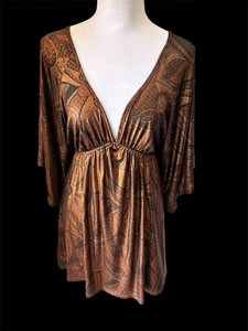 Vtg Y2K Club Going Out Knit Bronze Metallic Paisley Print Deep V Mini Dress M - Picture 1 of 9