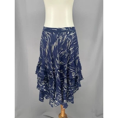 Falda de seda Lil para mujer 8 azul blanco con volantes en capas asimétrica midi seda abstracta Foto 1 de 4