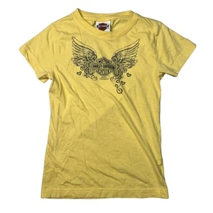 Harley Davidson Retro Y2K Graphic Tee T-Shirt Wings Hearts Yellow Girls M Medium - Picture 1 of 5
