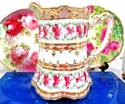 Nippon hand painted floral and gold gilt pitcher pink painted blossom flowers - Image 1 of 4