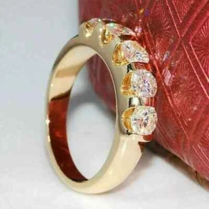 Real Moissanite 2 Ct Round Cut Eternity Wedding Band Ring 14K Yellow Gold Plated - Picture 1 of 4
