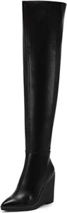 Jessica Simpson Cassida Black Leather Pointed Over Knee Thigh High Wedge Boots - Picture 1 of 6