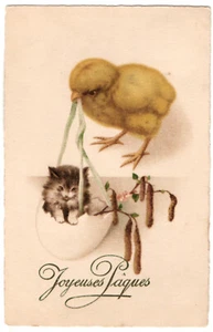 Chick cat kitten Easter egg pussy willow postcard °1925 French art deco - Picture 1 of 2