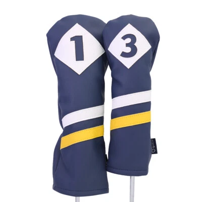 Majek Retro Golf 1 & 3 Driver & Wood Headcover Blue White Yellow Leather Style - Image 1 of 4