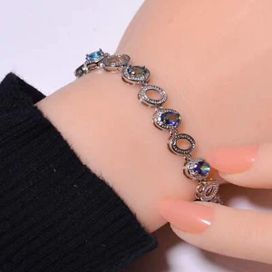 Blue Rainbow Mystic Fire Topaz 925 Sterling Silver Tennis Bracelet 7.99" B477407 - Picture 1 of 5
