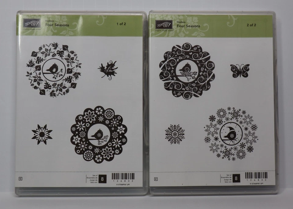Stampin' Up FOUR SEASONS 1 & and 2 UnMounted Rubber Stamp Set Wreath Bird Floral - Imagem 1 de 4